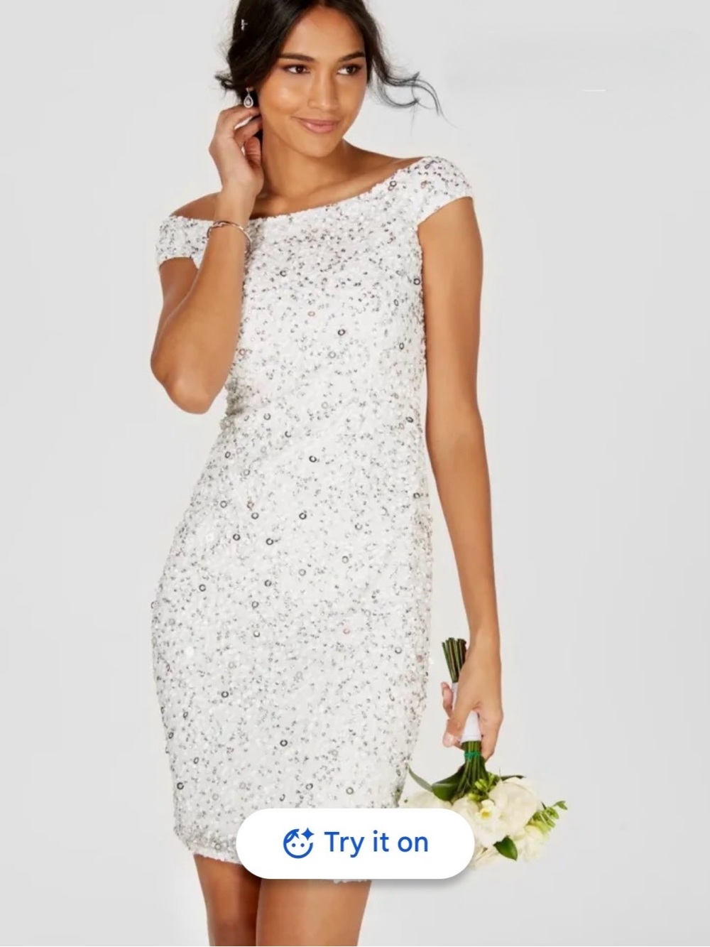 Adrianna Papell White Sequin Off-Shoulder Midi Dress